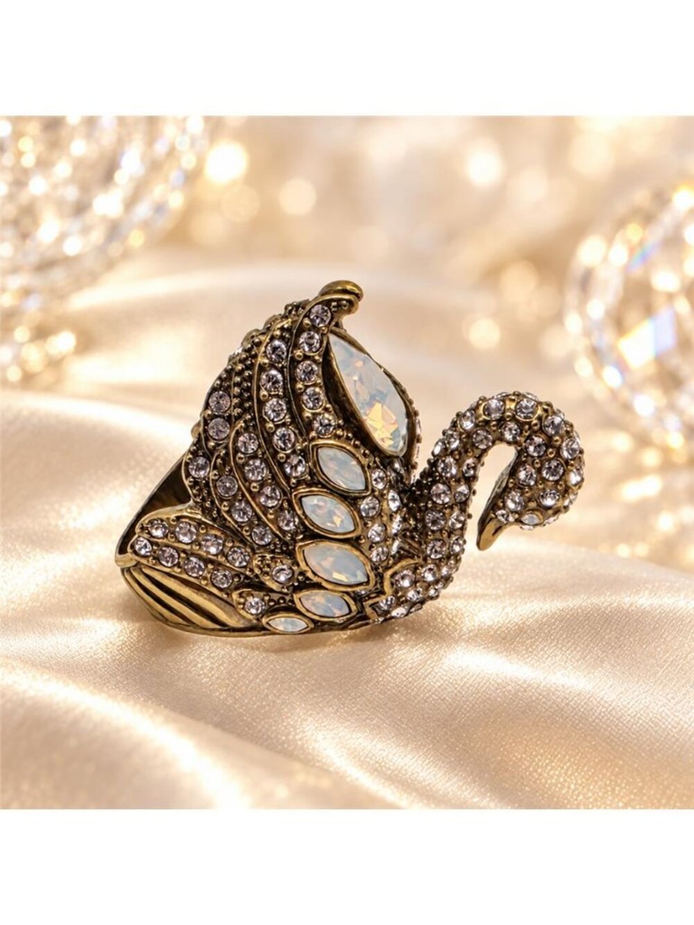 Heidi Daus Graceful Expression Swan White Opal Crystal Cocktail Ring SZ 10 Rare